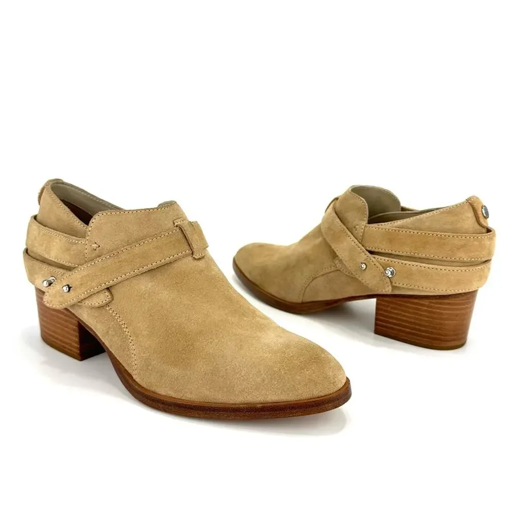 Rag & Bone Harley Women Tan Moto Bootie Size 7 Italian Suede Belted Block Heel